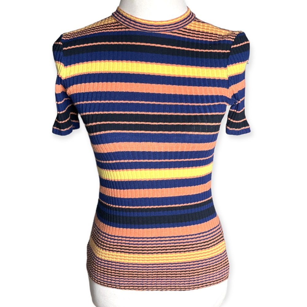 Warehouse Striped Short Sleeve Sweater Blue Pink Black Yellow Size 4